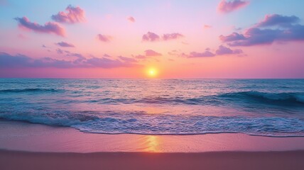 Fototapeta premium Stunning sunset over serene ocean waves, creating a peaceful seaside atmosphere.