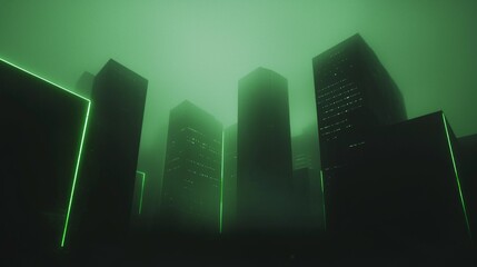 Fototapeta premium Alien Cityscape - Surreal Urban Dusk with Green Lights and Tension, Detailed Cinematic Scene