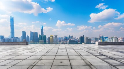 Empty square floor with city skyline background, Cityscape with a cybernetic evolution, technological advancements and digital connectivity revolutionizing urban living in the panorama