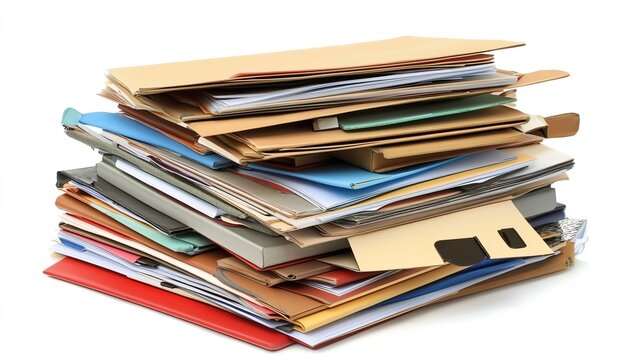 Organized stack of business files on a modern desk, isolated on white with room for additional promotional elements.
