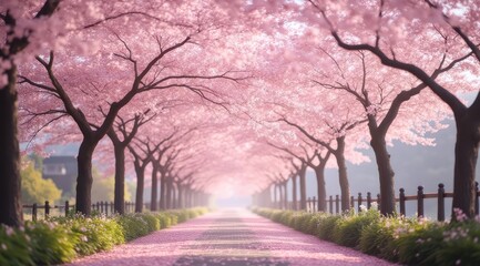 Serene cherry blossom pathway in spring