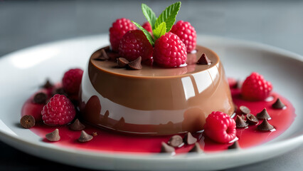 A Beautifully Crafted Chocolate Panna Cotta Elegantly Pairing Refreshing Raspberry Jelly and Chocolate Pieces