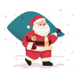 Santa Claus carrying a gift sack with a small dog in snowy background holiday theme cheerful festive design