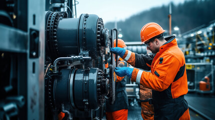Fototapeta premium Engineers in orange protective gear working on large industrial machinery outdoors, focusing on a mechanical component.