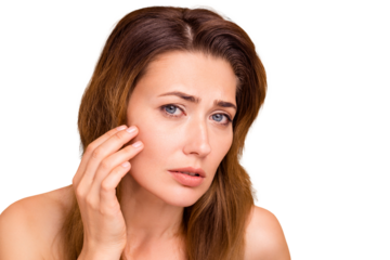 Close up photo beautiful amazing mature she her lady crying oh no facial expression hold hands arms cheek cheekbone terrible result using cream wrinkled more nude isolated pastel beige background