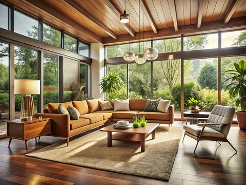 Stunning Mid Century Modern Home Interior with Minimalist Design Elements, Bright Natural Light, and Open Spaces Perfect for Stylish Living and Modern Architecture Enthusiasts