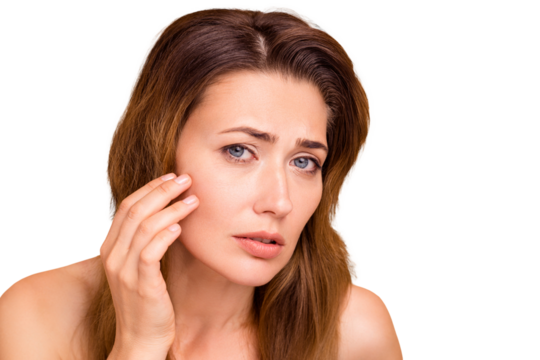 Close up photo beautiful amazing mature she her lady crying oh no facial expression hold hands arms cheek cheekbone terrible result using cream wrinkled more nude isolated pastel beige background