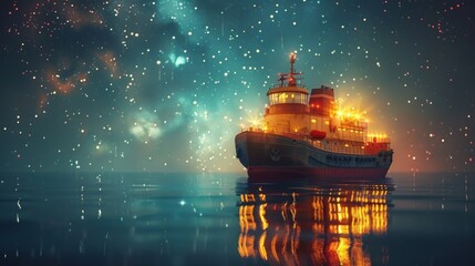 Obraz premium A small tugboat sails on calm waters under a starry night sky.