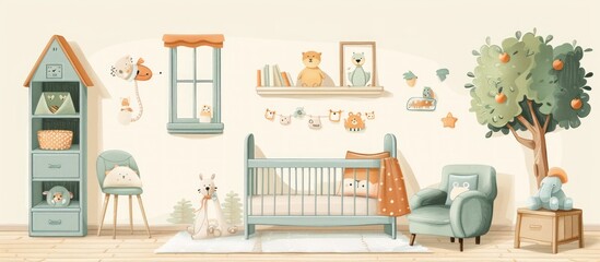 A nursery with a crib, a rocking chair, a bookshelf, a window, and a tree with apples.