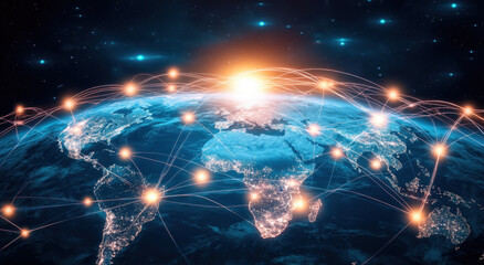A digital globe with global network connections, showcasing the world's internet connectivity and data transfer.
