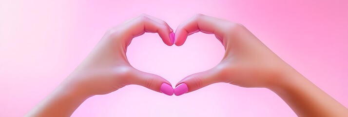Fototapeta premium Radiant pink emoji hands forming a heart with soft magenta hues on a pastel gradient ,