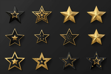 A collection of twelve golden stars with various designs and textures on a dark background.