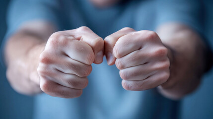 Close-up of clenched fists in blue hoodie