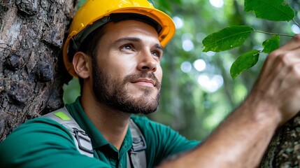 Professional worker in uniform and hardhat tagging trees in a sustainable forestry project using data collection for future forest management and conservation efforts