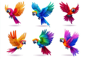 Obraz premium Colorful Parrots in Flight on White Background
