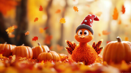 Cute Turkey Character in Autumn Setting