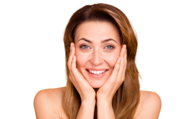 Close up photo beautiful amazing mature she her lady white teeth hands arms cheeks cheekbones show great got younger facial skin result using anti-age procedures nude isolated pastel beige background