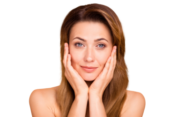 Close up photo beautiful amazing mature she her lady hold hands arms cheeks cheekbones show great got much younger facial skin result anti-age mask procedures nude isolated pastel beige background