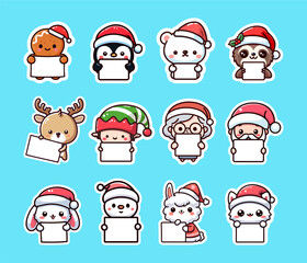 Fototapeta premium Christmas characters stickers holding signs. Vector illustration.