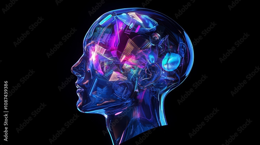 Poster glass head showing complex network of circuits and processors creating artificial intelligence illum