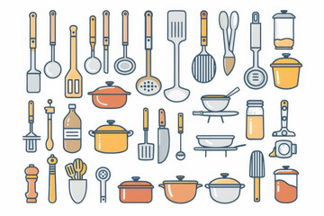Fototapeta premium Illustration of assorted kitchen utensils and cookware in a flat design style, featuring pots, pans, and cooking tools.