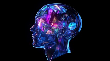 Obraz premium Glass head showing complex network of circuits and processors creating artificial intelligence illuminating in neon colors on a black background