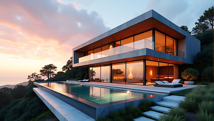 A luxurious modern glass mansion with floor-to-ceiling windows, set against a dramatic sunset sky, reflecting warm hues on its sleek, angular design