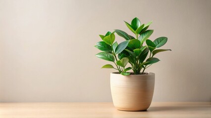 Fototapeta premium A potted plant with vibrant green leaves and a light beige ceramic pot sits on a wooden surface against a pale neutral background.