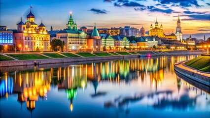 Obraz premium Stunning Nightscape of Kazan's Illuminated Embankment Reflected in the Calm Waters of the Kazanka River on a Warm Summer Evening