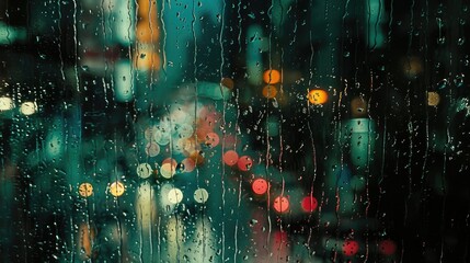 Rain-splattered window with city lights in a blur