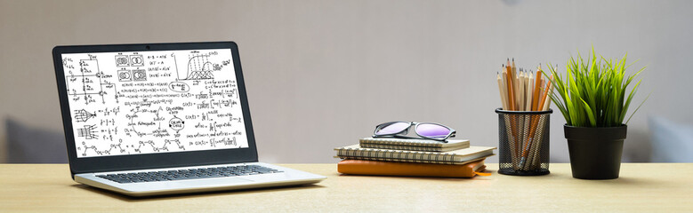 Mathematic equations and modish formula on computer screen showing concept of science and education