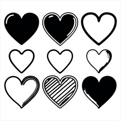 Black Silhouette Heart Icon Set on white background