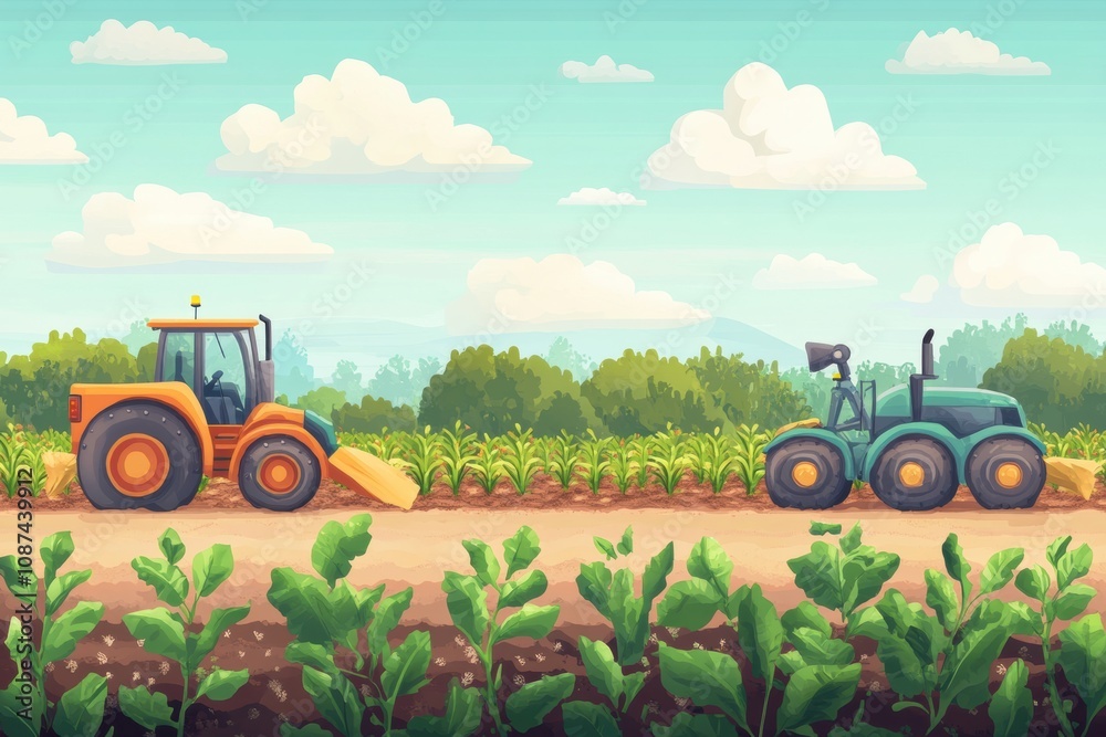 Poster advanced robotic machines are actively planting and harvesting crops on a vibrant farm under a clear