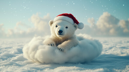 Adorable Polar Bear Cub Wearing Santa Hat on Soft Snowy Cloud