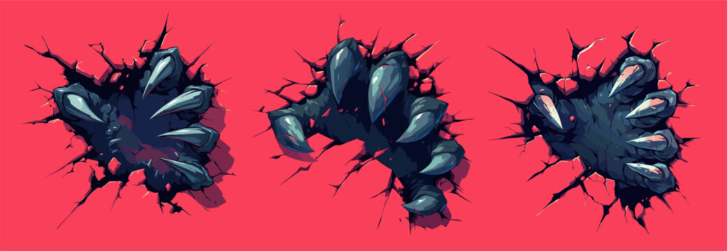 monster paws in wall. monstrous beast paw with claws breaks through wall on red pink background, werewolf punch hole cracks broken broken attack creepy aggression power assault horror vector