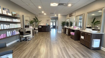 Sophisticated and Stylish Modern Salon Interior with Floor to Ceiling Mirrors Elegant Decor and Beauty Products Displayed for a Professional Environment