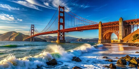 Obraz premium Stunning Panorama of the Golden Gate Bridge Overlooking Ocean Waves on a Bright Sunny Day Captured from Fort Point in San Francisco's Scenic Landscape