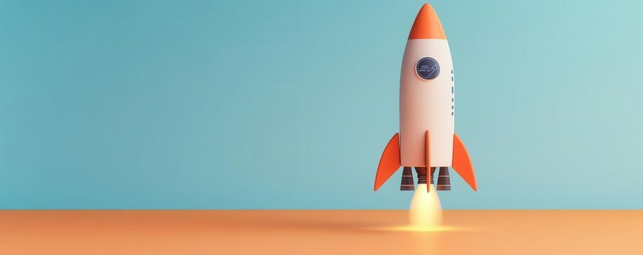 New project startup, rocket launch with  2025  milestone, abstract tech background, 3D illustration
