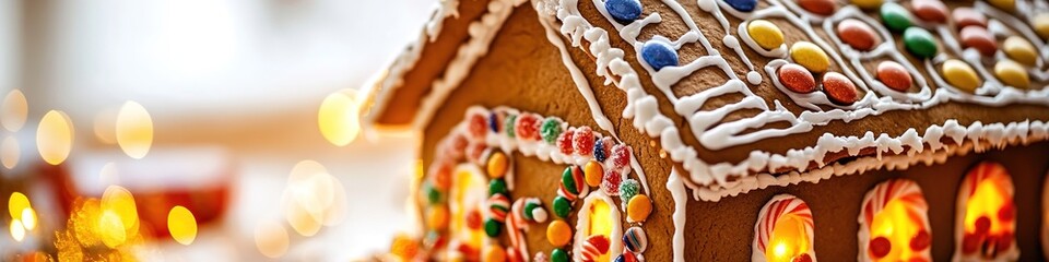 Obraz premium Colorful gingerbread house decorated with candy and icing