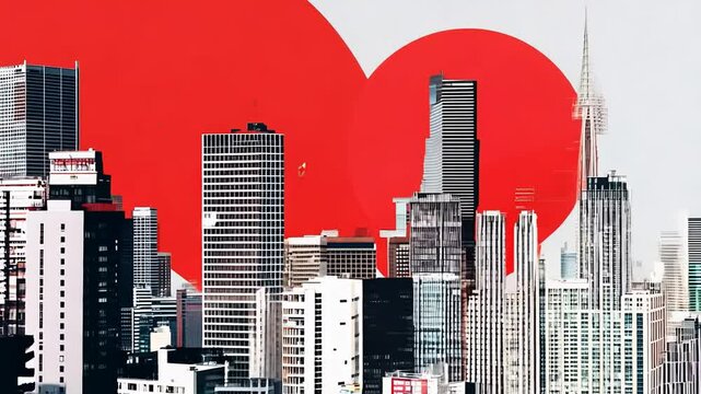 city skyline with red vector shapes in the background