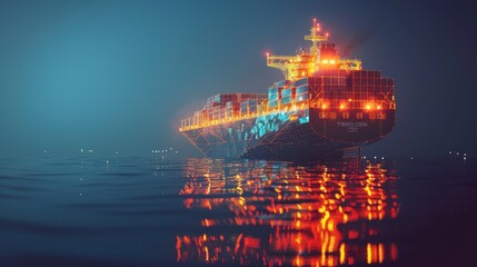 A large cargo ship with glowing lights, sailing on a dark blue sea. The ship is made of polygons and is a digital rendering.