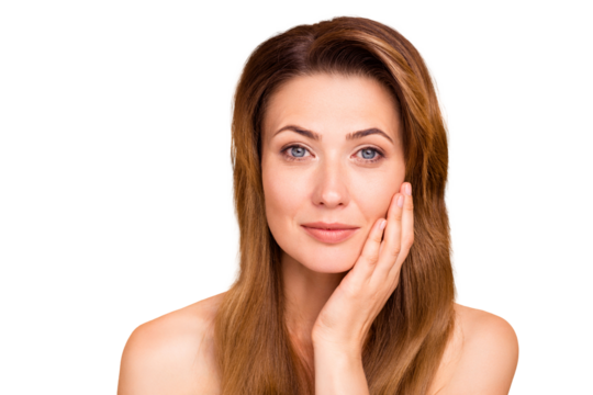 Close up photo beautiful amazing mature cute she her lady hold hands arms cheek cheekbone show touch got much younger facial skin result anti-age mask procedures nude isolated pastel beige background