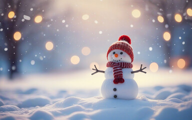 Obraz premium Christmas winter background, snowman and blurred bokeh background with copy space. Merry Christmas and happy new year greeting card concept