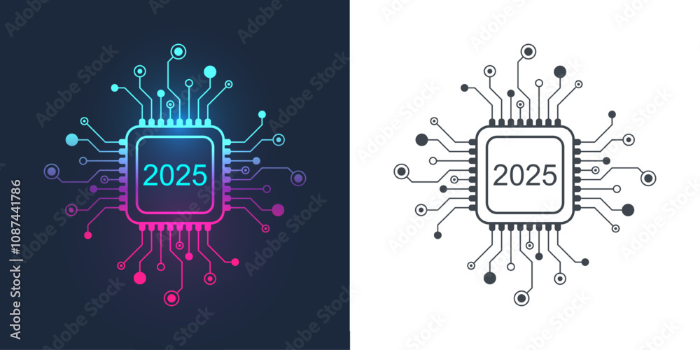 Poster happy new year 2025 text design on the chip, component, microchip, semiconductor, circuit board, pro