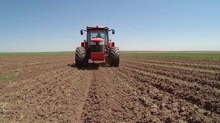 Fototapeta premium Tractor running on biofuel cultivating a field under a clear blue sky Sustainable farming equipment working to maintain an eco friendly agricultural landscape