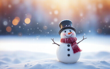 Fototapeta premium Christmas winter background, snowman and blurred bokeh background with copy space. Merry Christmas and happy new year greeting card concept