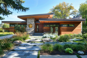 Fototapeta premium Elegant stone house with lush garden, pathway leading to an arched doorway, warmly lit at twilight.