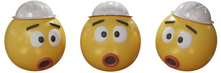Surprised three-dimensional emoji wearing a safety helmet isolated on a transparent background. 3D rendering.