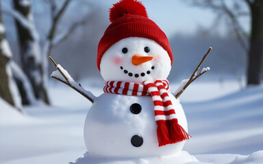 Christmas winter background, snowman and blurred bokeh background with copy space. Merry Christmas and happy new year greeting card concept