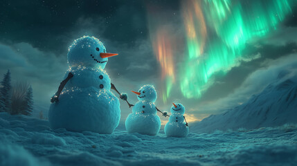 Snowman Family Holding Hands Under Magical Northern Lights 